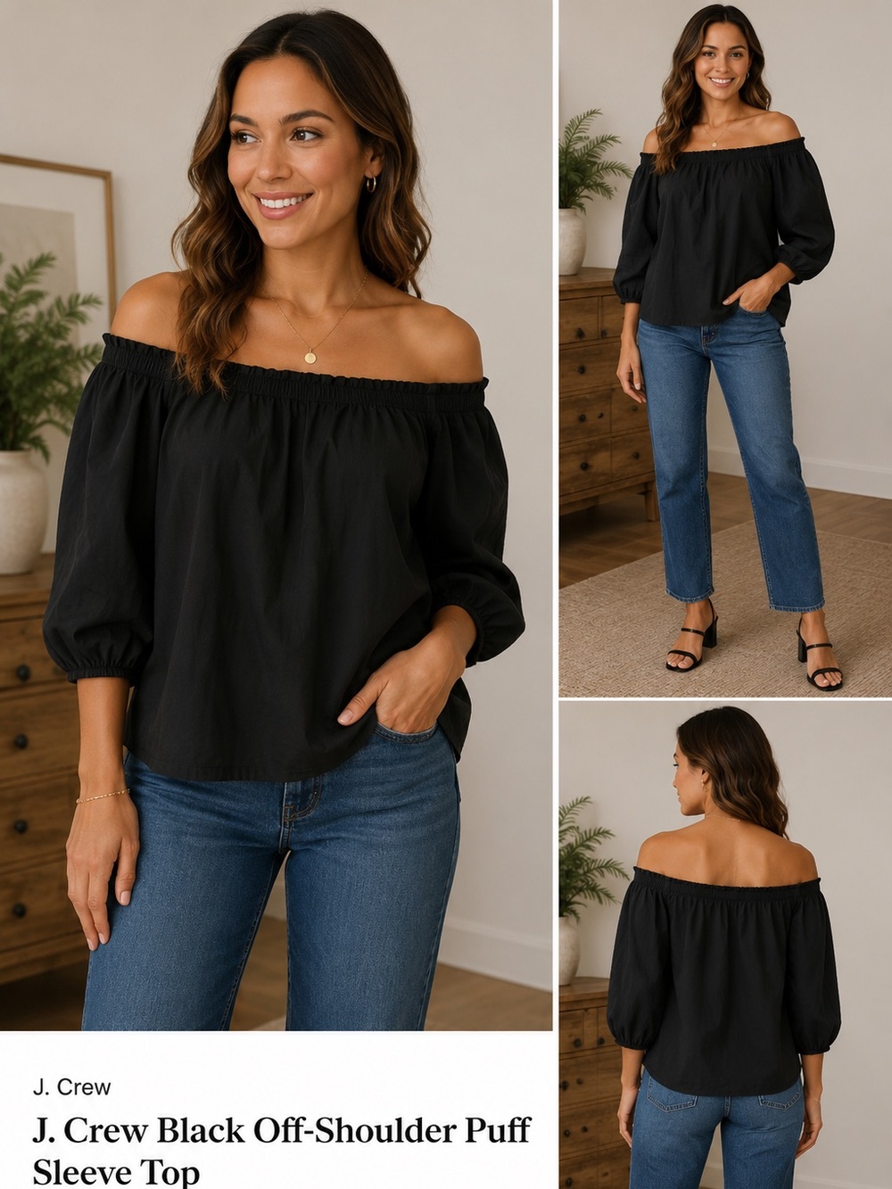 J. Crew Black Off-Shoulder Puff Sleeve Top